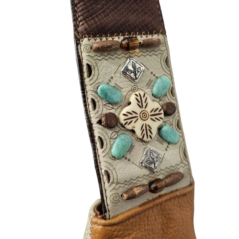 BRIGHTON SAHARA Two Tone Leather Hobo Turquoise Beaded Brown Shoulder Bag